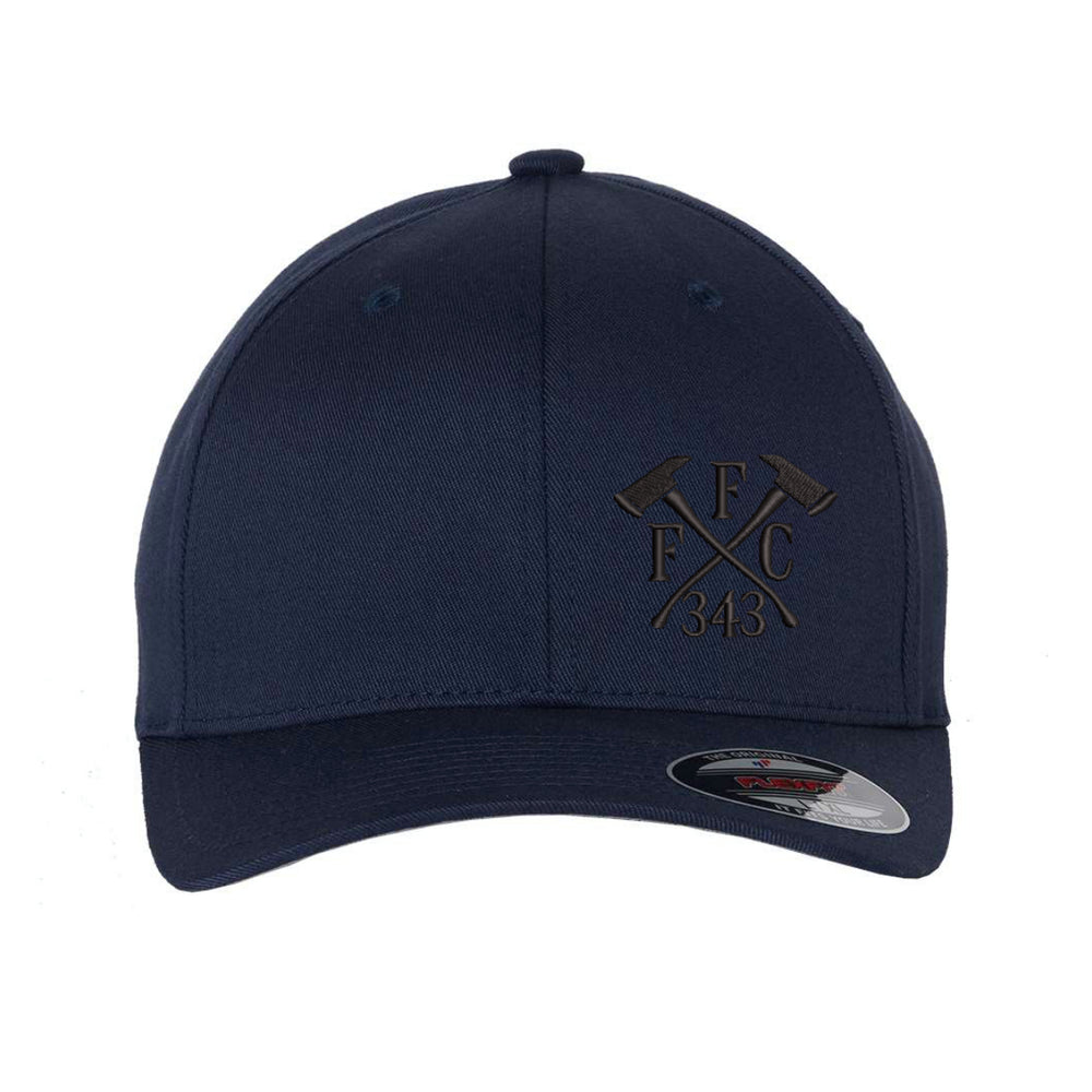 Sleek, all-black FlexFit hat with FFC 343 logo on the left side for firefighters.