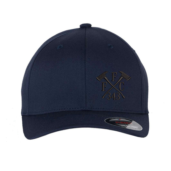 Sleek, all-black FlexFit hat with FFC 343 logo on the left side for firefighters.