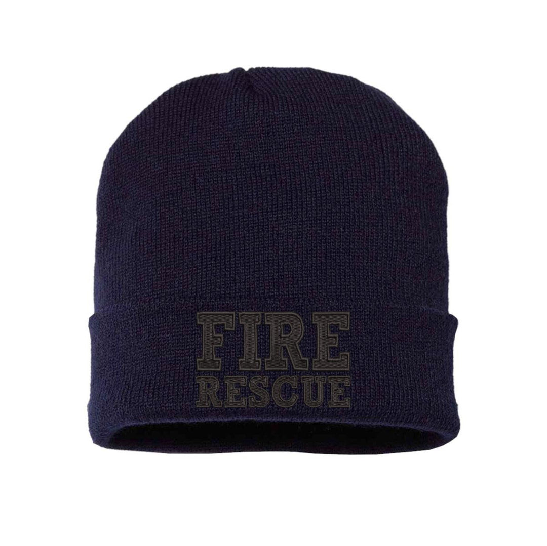 ire Rescue Blackout Beanie with all-black, high-definition embroidery