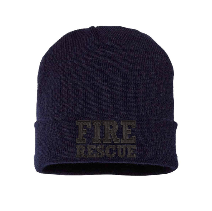 ire Rescue Blackout Beanie with all-black, high-definition embroidery
