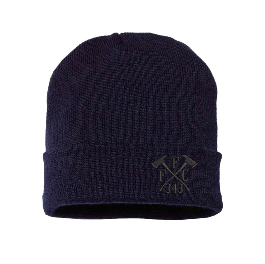 Seamless blackout beanie with black FFC 343 Crossed Axes, designed for Fall and Winter wear by firefighters.