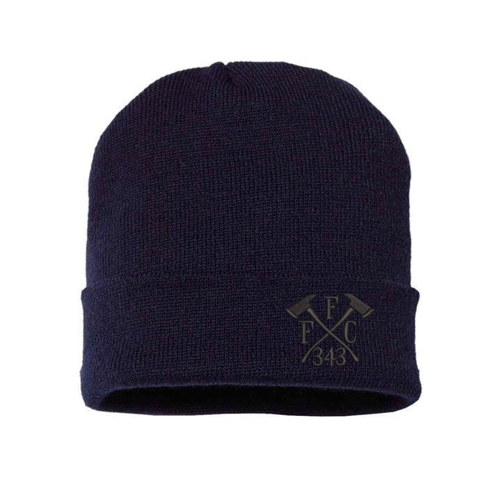 Seamless blackout beanie with black FFC 343 Crossed Axes, designed for Fall and Winter wear by firefighters.