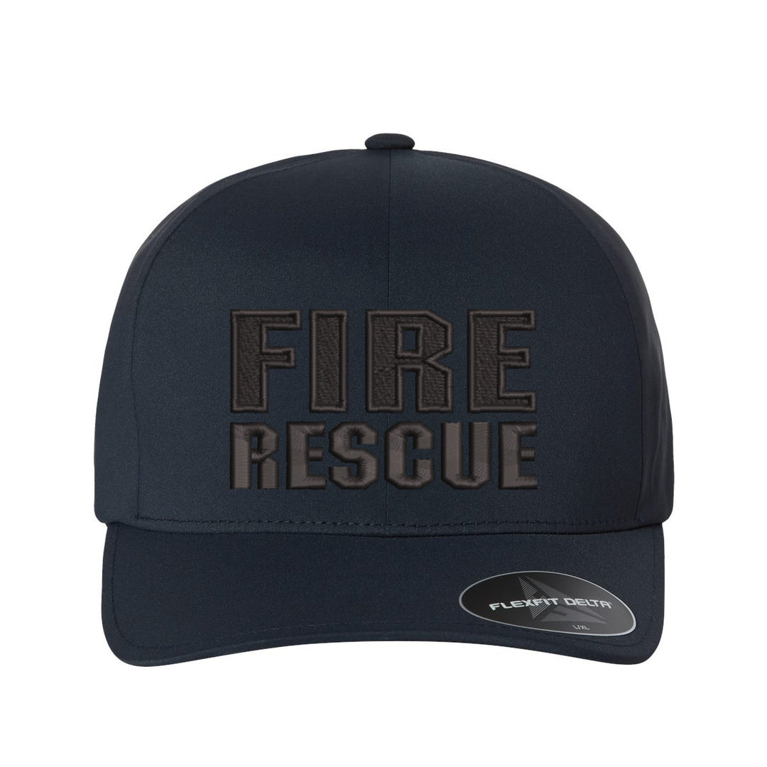 Close-up of the "Fire Rescue" logo on the Fire Rescue Blackout Delta FlexFit Hat, emphasizing the clean and sharp embroidery.