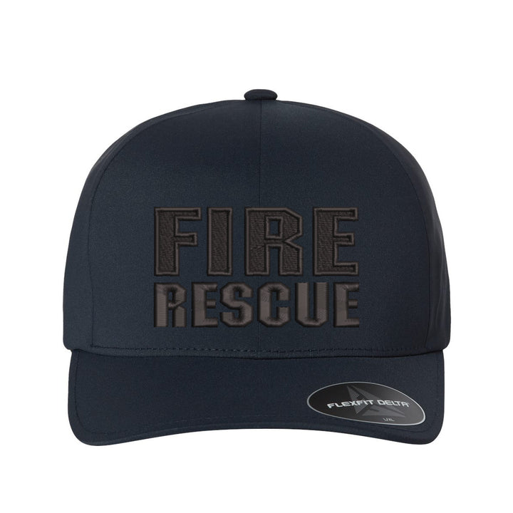 Close-up of the "Fire Rescue" logo on the Fire Rescue Blackout Delta FlexFit Hat, emphasizing the clean and sharp embroidery.
