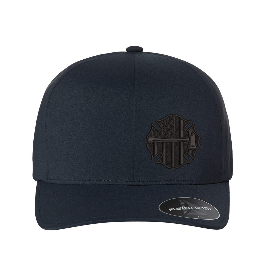 Close-up of the embroidered "Thin Red Line Axe Maltese" logo on the left front of the Delta FlexFit Hat, focusing on the sharp details of the design.