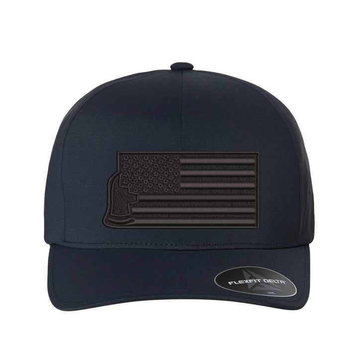 lose-up of the front of the Thin Red Line Axe Maltese Blackout Delta FlexFit Hat