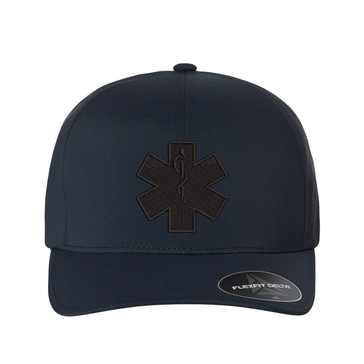 Front view of the Star of Life blackout Delta FlexFit hat with detailed black embroidery.