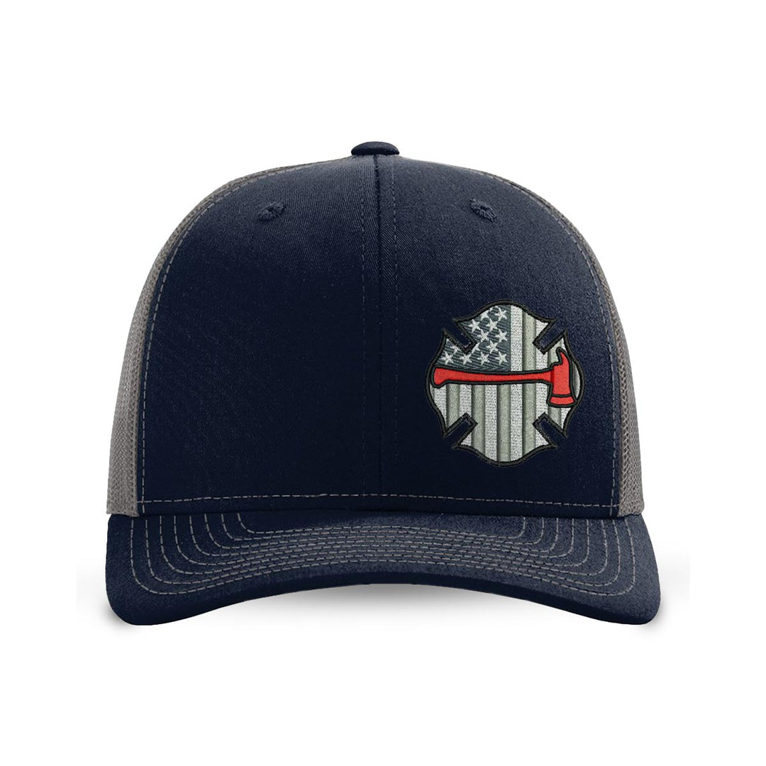 Embroidered Richardson Black and Grey American Flag Maltese with red Axe hat. Design is off center to the left. Hat color black/charcoal.