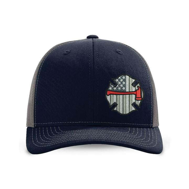 Embroidered Richardson Black and Grey American Flag Maltese with red Axe hat. Design is off center to the left. Hat color black/charcoal.