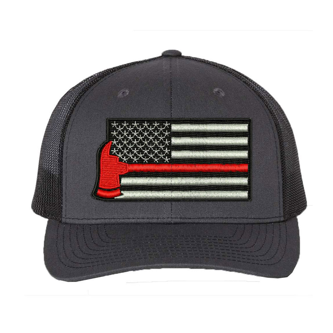 Firefighter trucker cap with embroidered Thin Red Line American flag and axe