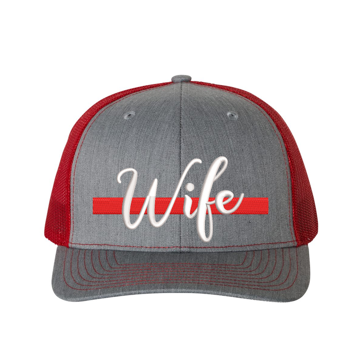 Black snapback trucker hat with Firefighter Wife design