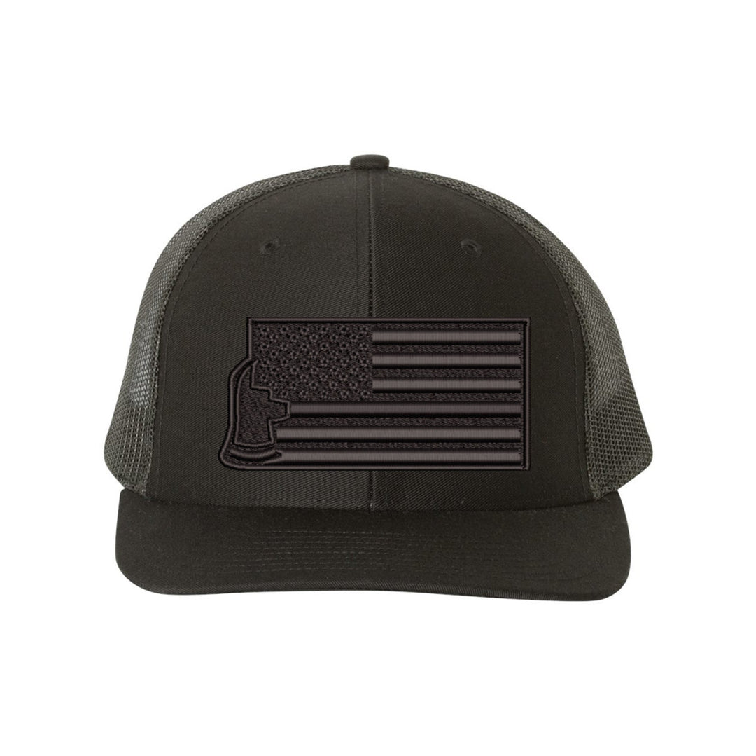 Front view of the Thin Red Line Axe Maltese Blackout Delta FlexFit Hat, featuring a bold axe and Maltese cross design with the Thin Red Line.