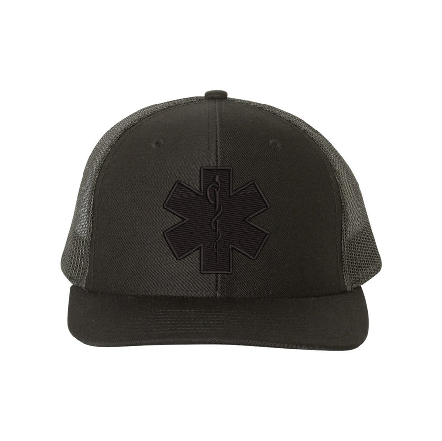 Star of Life embroidered blackout snapback trucker hat with black stitching on the front panel.