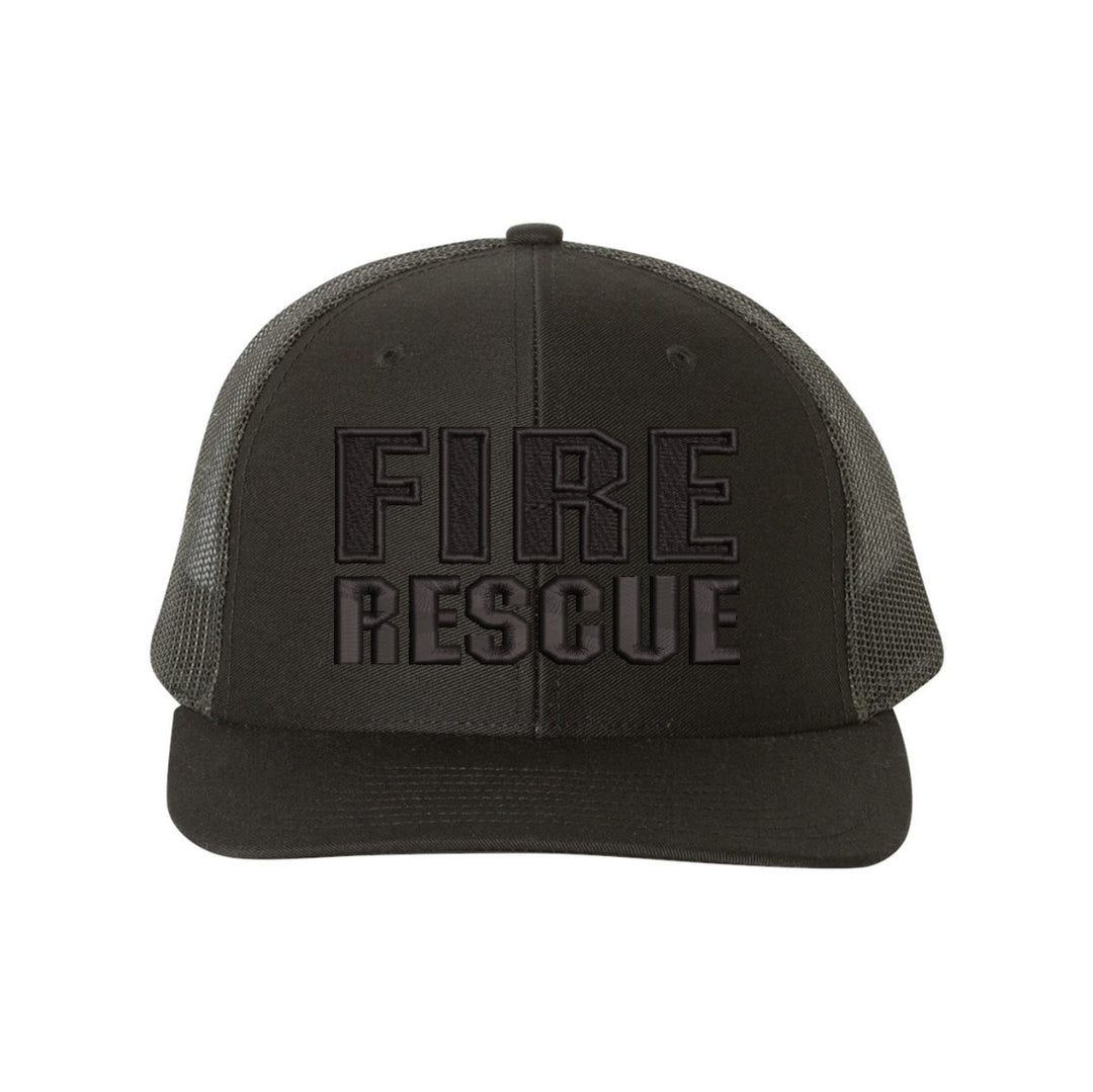 Front view of the Fire Rescue Blackout Snapback Trucker Hat, featuring bold "Fire Rescue" embroidery.
