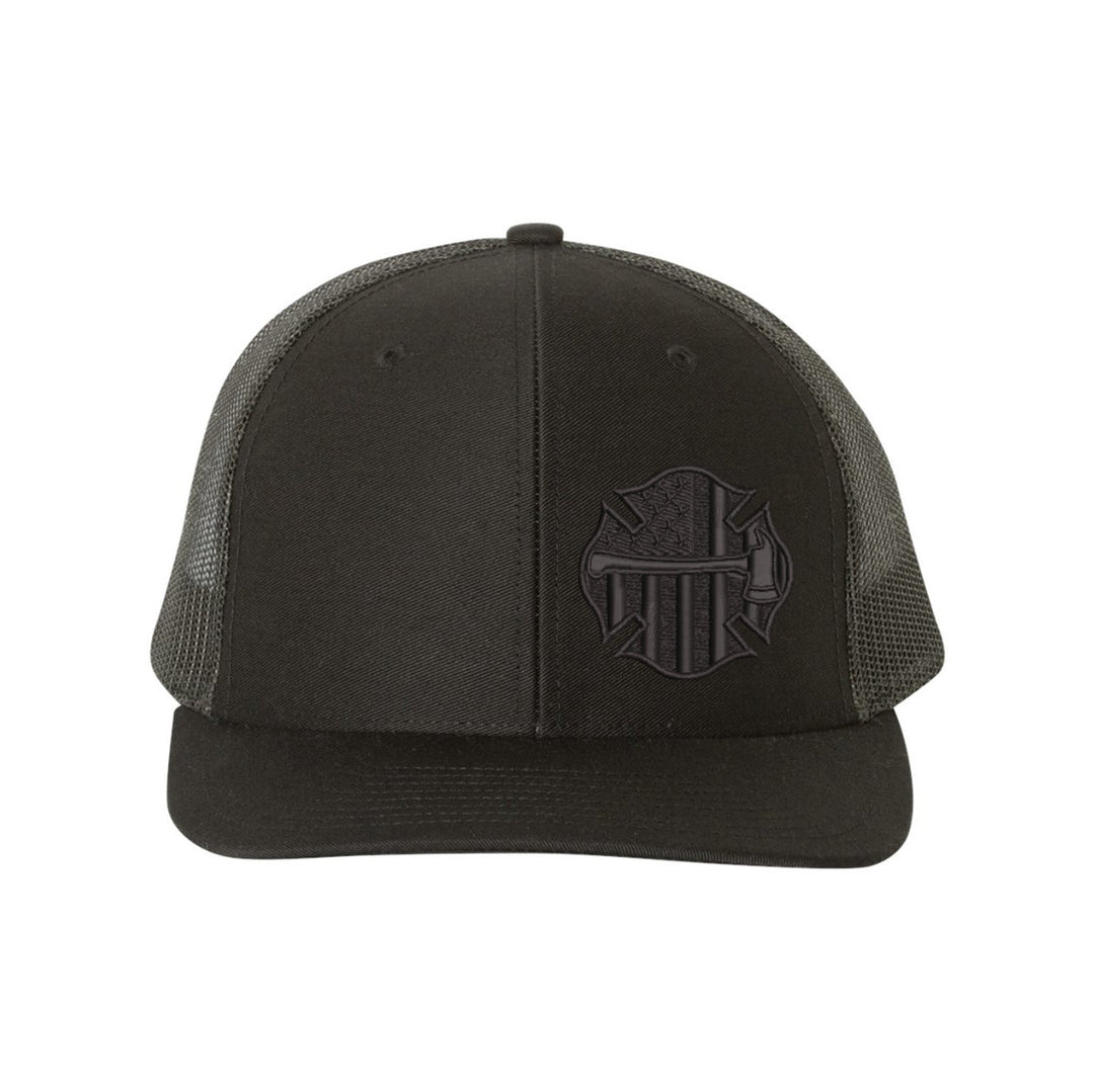 Front view of the Thin Red Line Axe Maltese Blackout Snapback Trucker Hat, featuring an axe and Maltese cross design with the Thin Red Line.