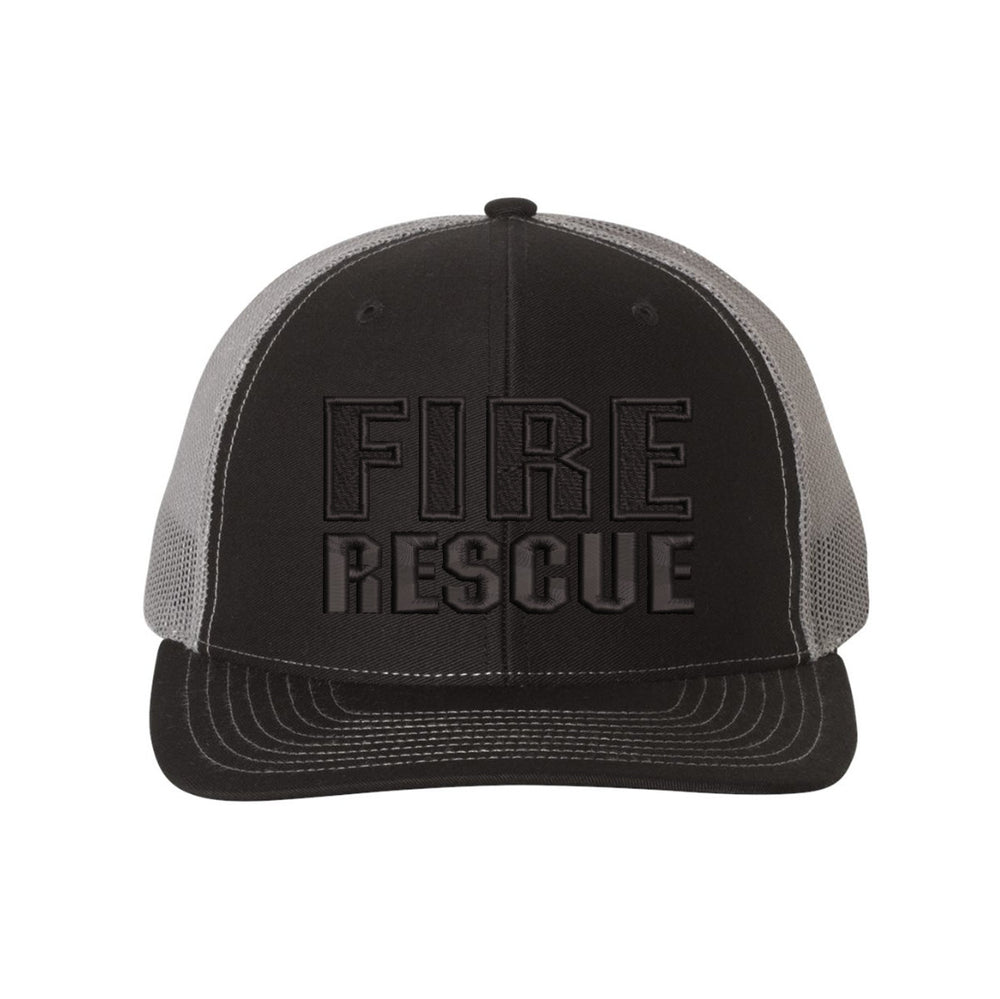 Side profile of the Fire Rescue Blackout Snapback Trucker Hat showing its sleek, black design.