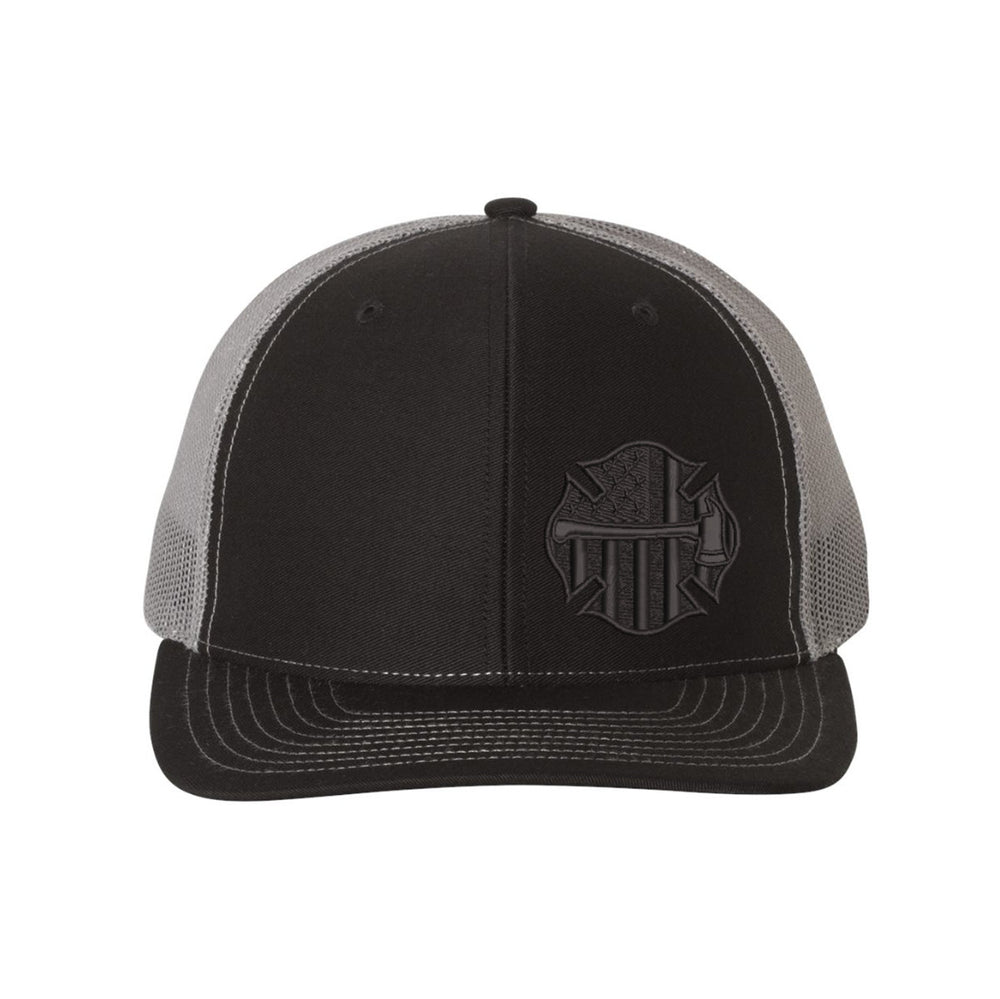 Thin Red Line Axe Maltese Blackout Snapback Trucker Hat showcasing its structured black design.