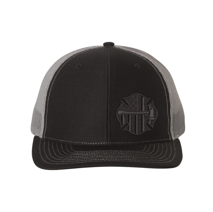 Thin Red Line Axe Maltese Blackout Snapback Trucker Hat showcasing its structured black design.