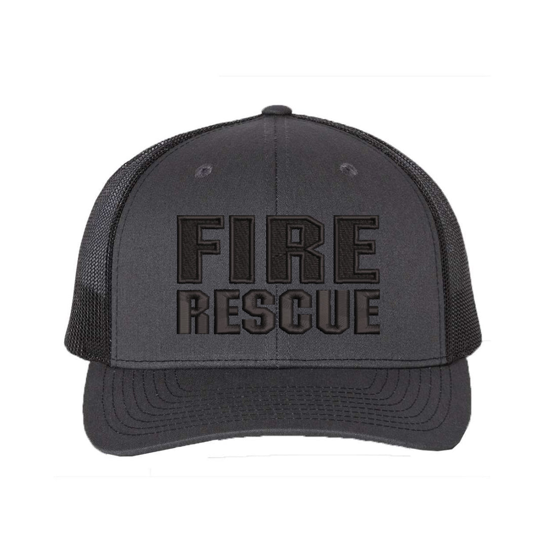 Angled view of the Fire Rescue Blackout Snapback Trucker Hat highlighting the blacked-out style.