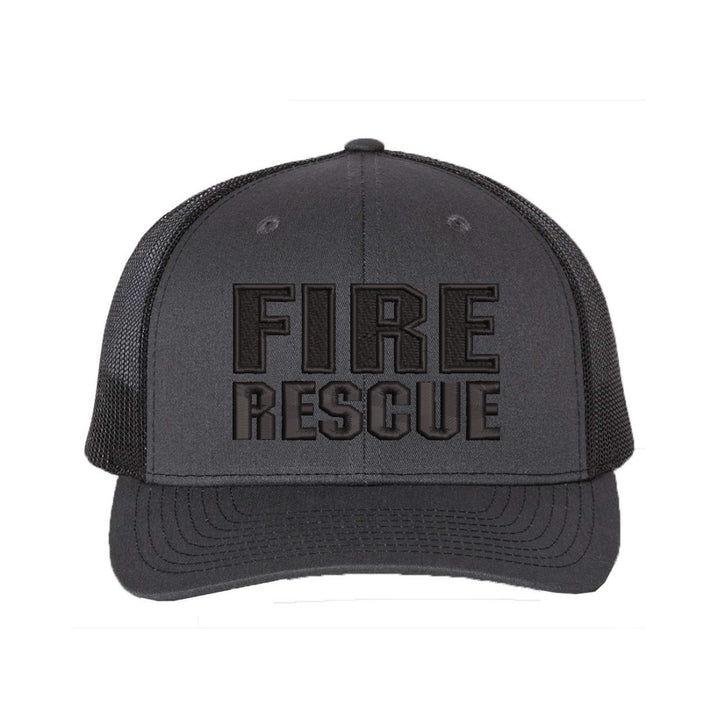 Angled view of the Fire Rescue Blackout Snapback Trucker Hat highlighting the blacked-out style.