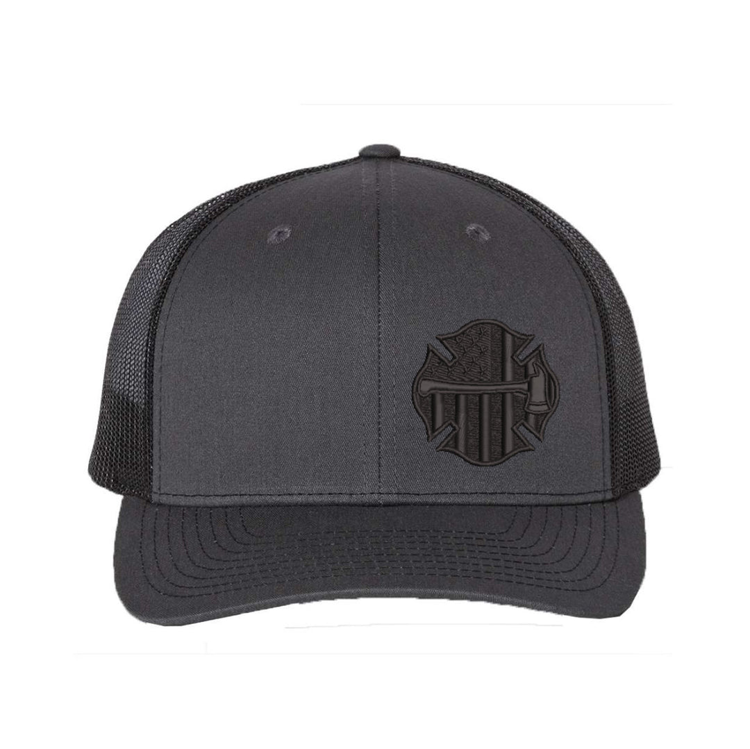 Angled view of the Thin Red Line Axe Maltese Blackout Snapback Trucker Hat highlighting the bold logo and red line detail.