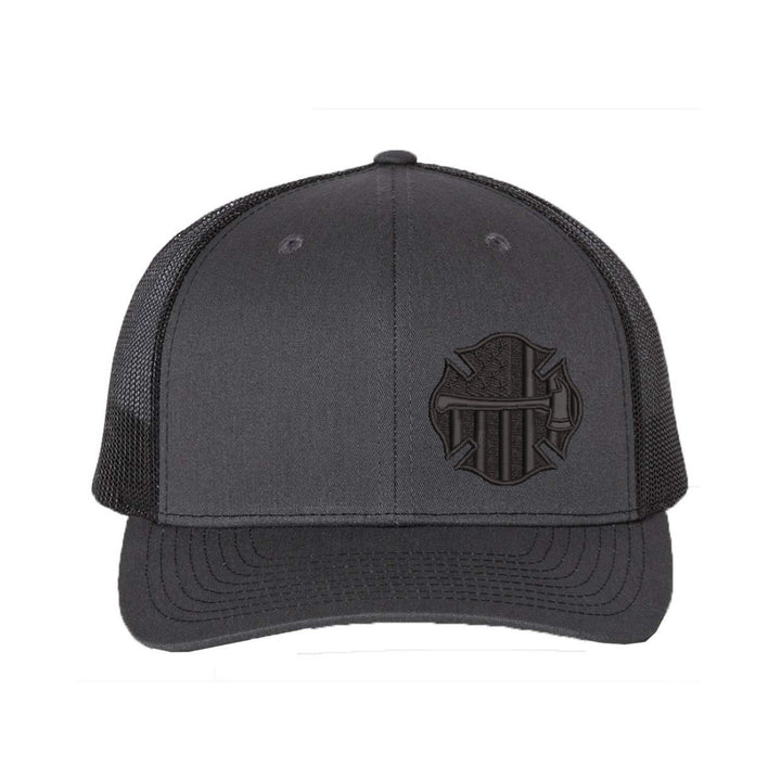 Angled view of the Thin Red Line Axe Maltese Blackout Snapback Trucker Hat highlighting the bold logo and red line detail.