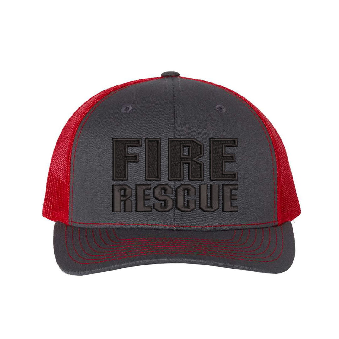 Back view of the Fire Rescue Blackout Snapback Trucker Hat, showing the adjustable snap closure.