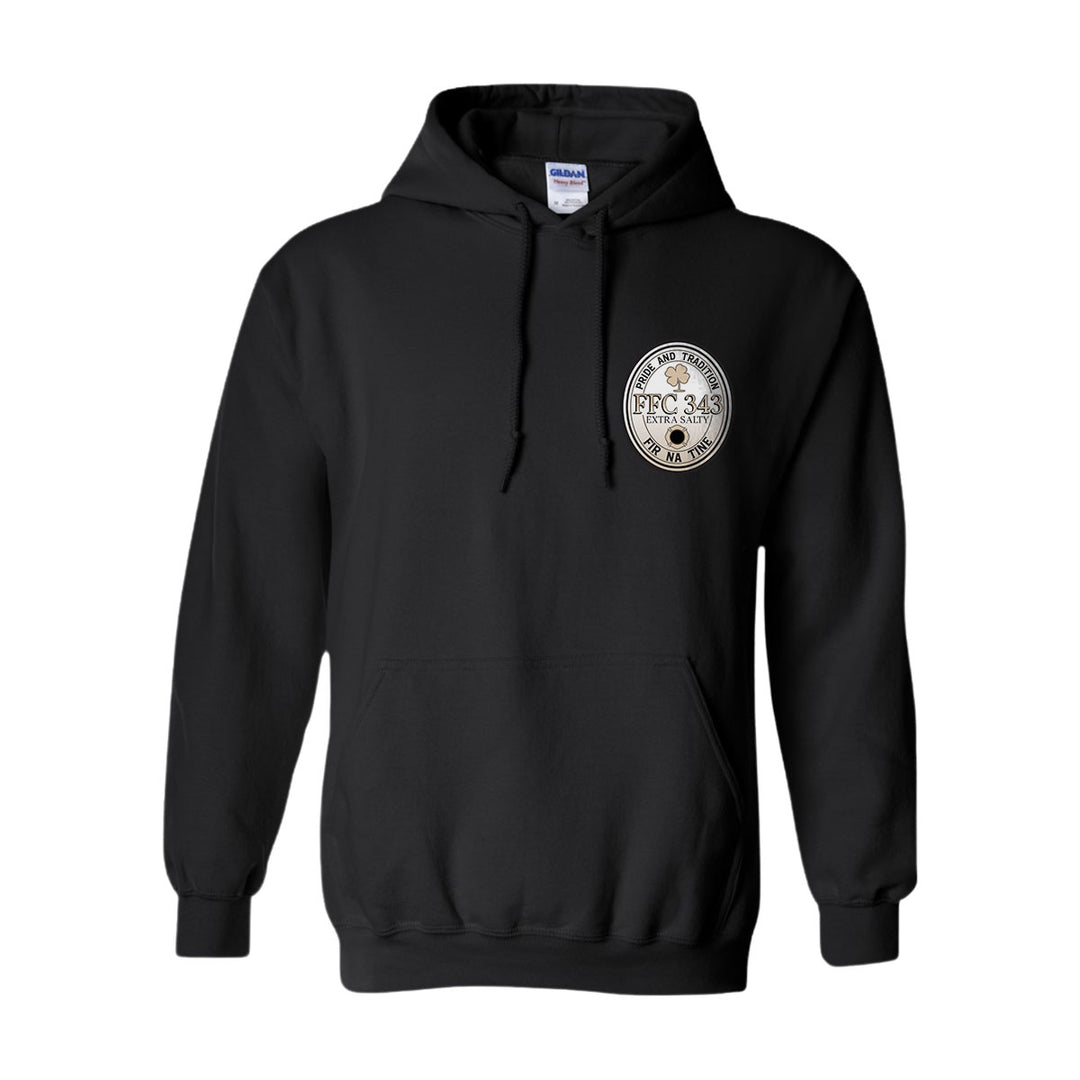 FFC 343 hoodie with beer-themed firefighter humor graphic
