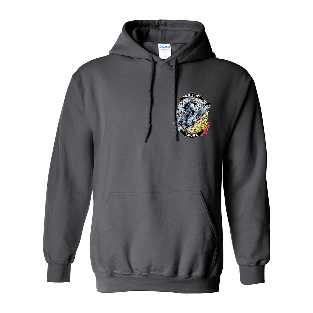 Firefighter graphic long sleeve t-shirt with "Smells Like" and "Work" text, featuring halligan bar and smoke background.