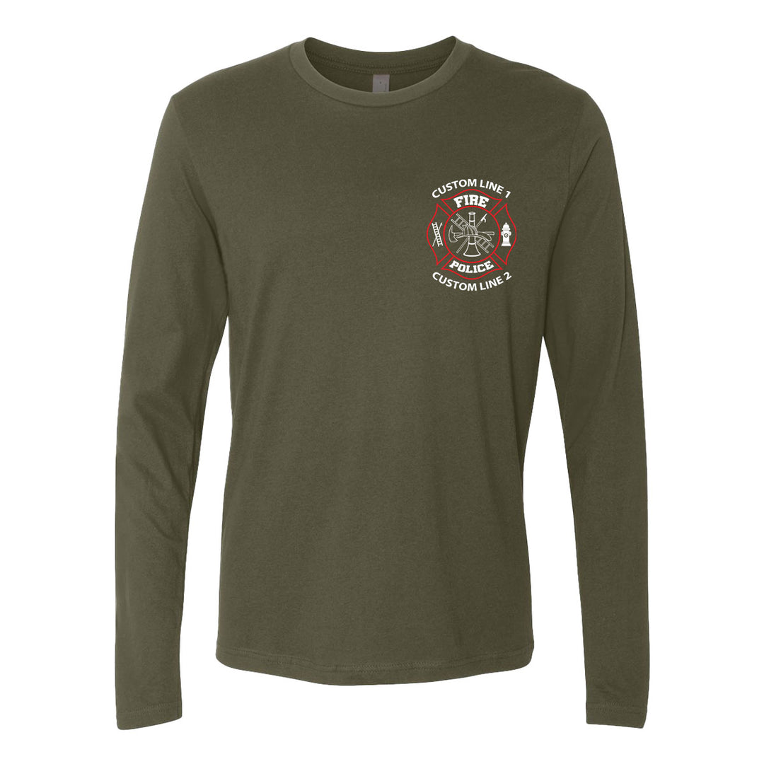 Red and white Fire Police premium long sleeve tee – personalized for first responders