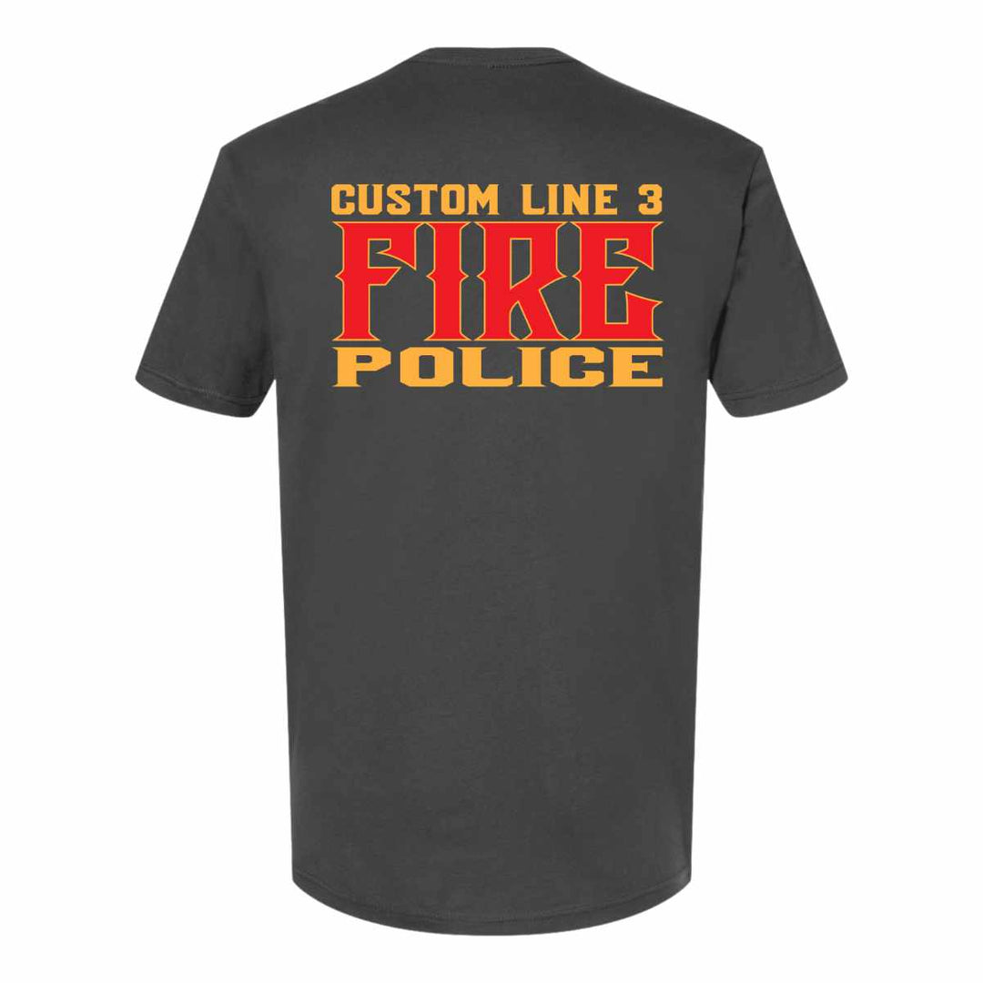 Customized fire police t-shirt with bold red and yellow colors