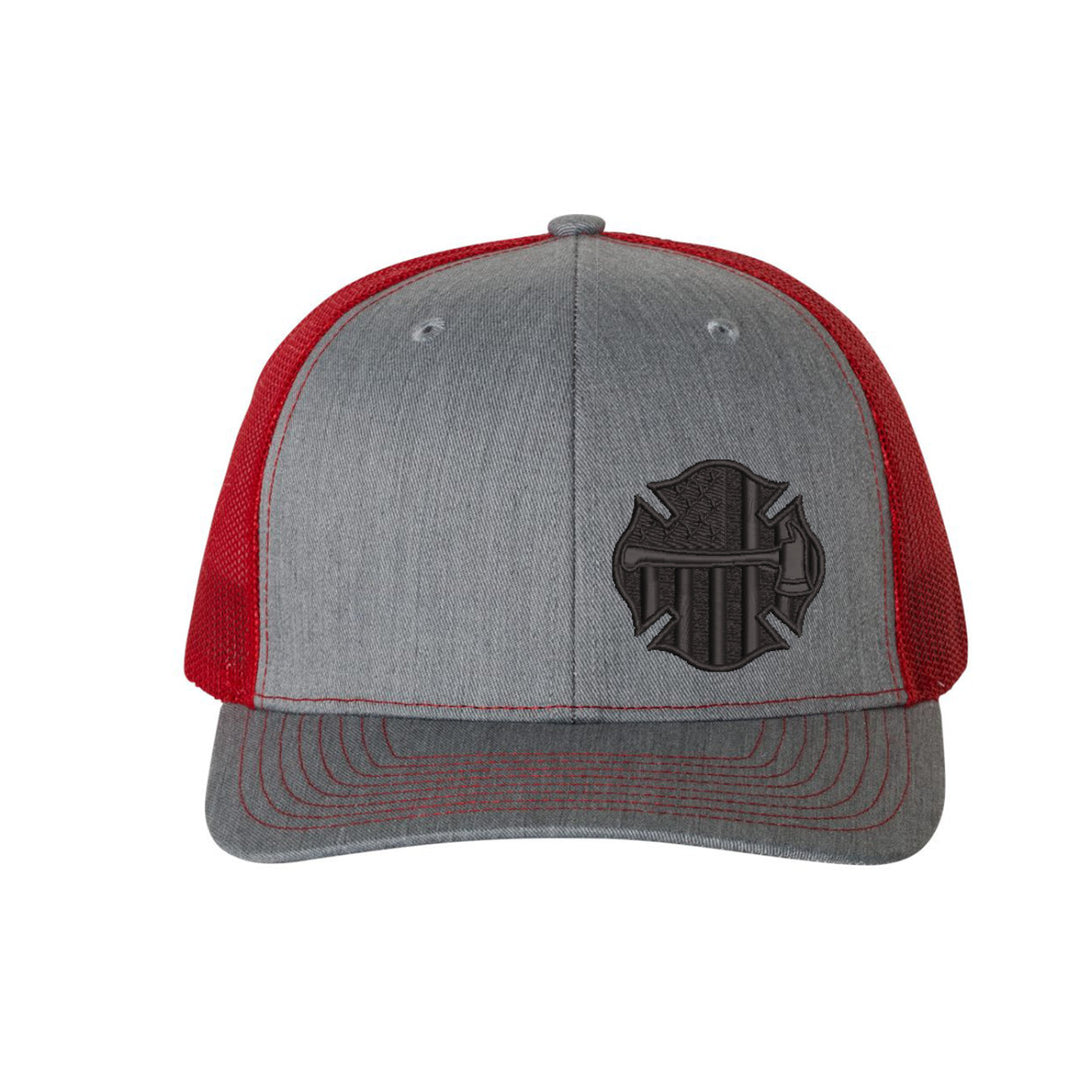 Close-up of the "Thin Red Line Axe Maltese" logo embroidered on the front of the Snapback Trucker Hat.
