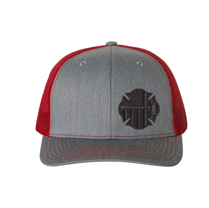 Close-up of the "Thin Red Line Axe Maltese" logo embroidered on the front of the Snapback Trucker Hat.