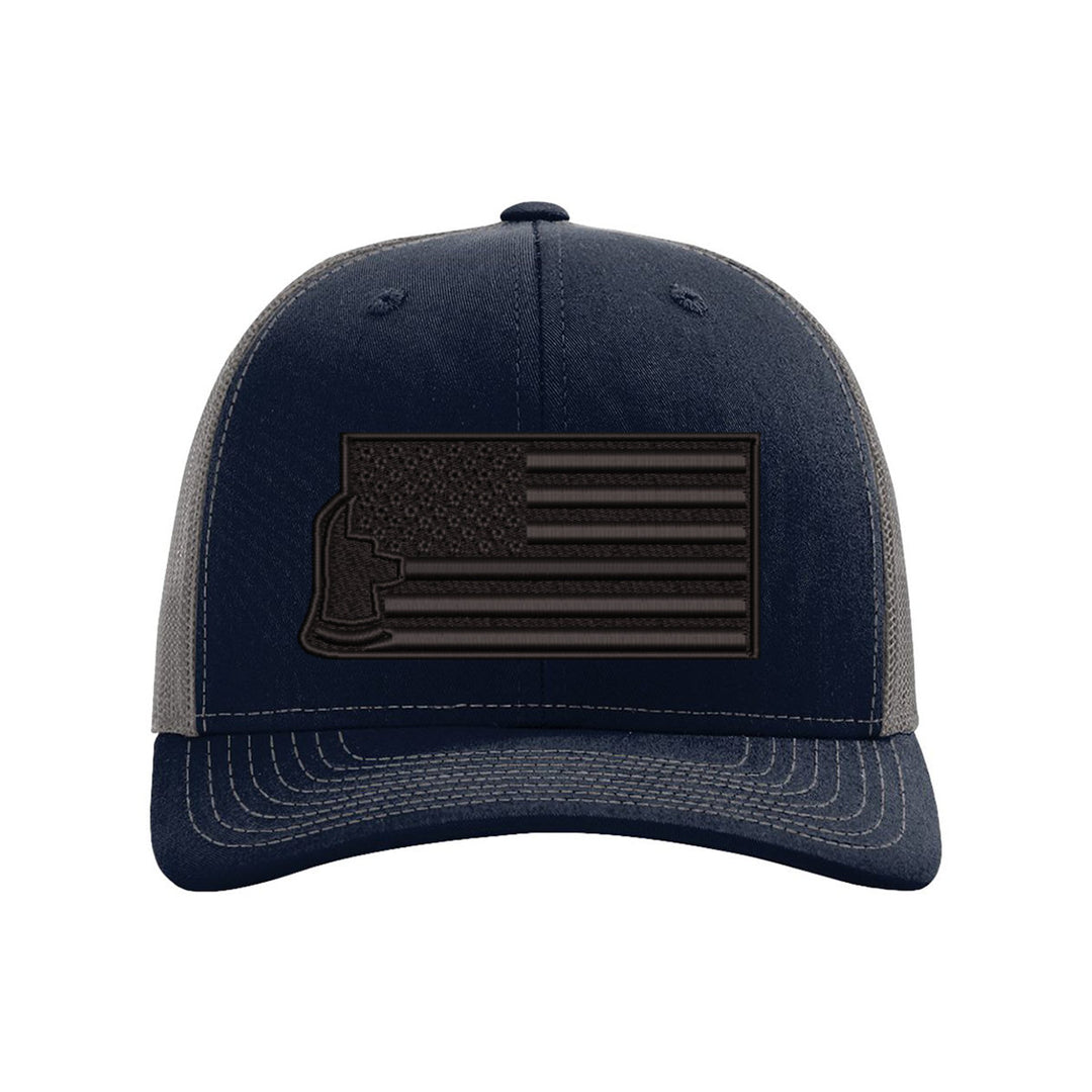 Close-up of the front of the Thin Red Line Axe Maltese Blackout Delta FlexFit Hat, focusing on the embroidery of the axe and Maltese cross design.