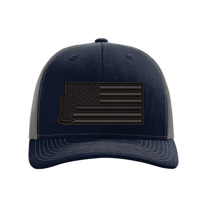 Close-up of the front of the Thin Red Line Axe Maltese Blackout Delta FlexFit Hat, focusing on the embroidery of the axe and Maltese cross design.