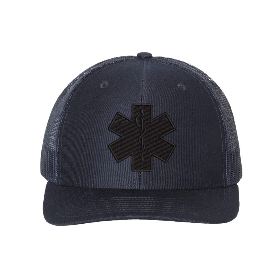 blackout snapback trucker hat with black embroidered Star of Life emblem