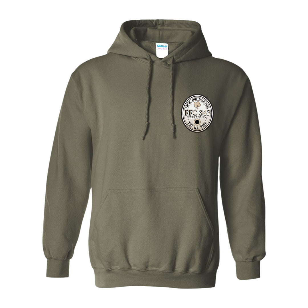 Firefighter hoodie with Extra Salty Stout label-style print