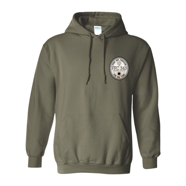 Firefighter hoodie with Extra Salty Stout label-style print