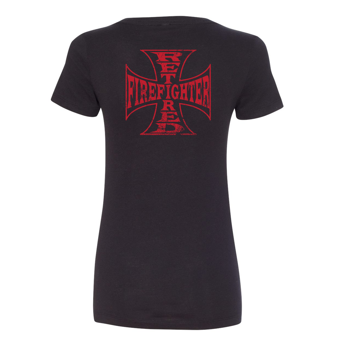back of Retired Firefighter Cross Women's Crew Neck Shirt in black