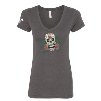 FFC 343 Maltese Sugar Skull Women's V-Neck Shirt in dark grey
