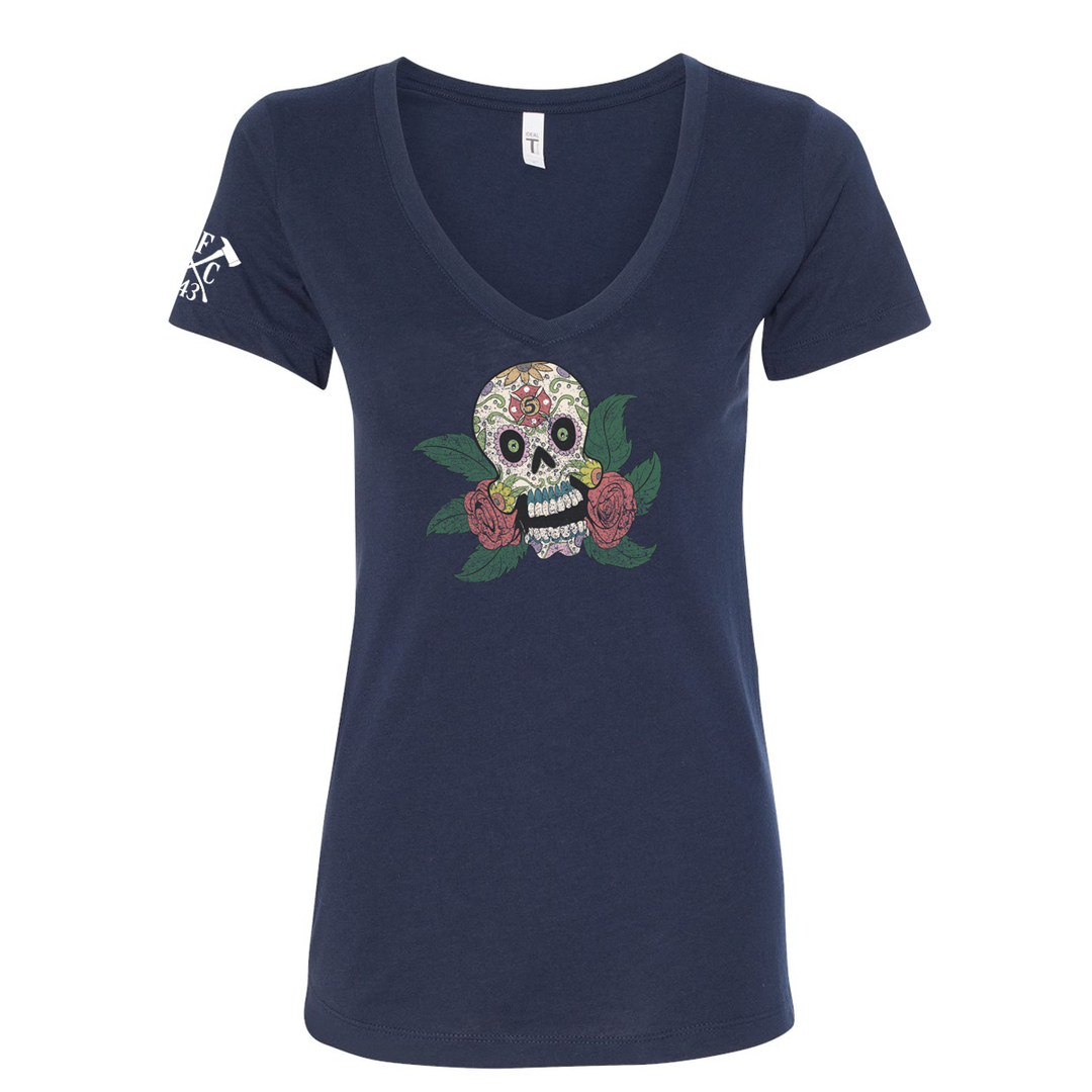 FFC 343 Maltese Sugar Skull Women's V-Neck Shirt in navy