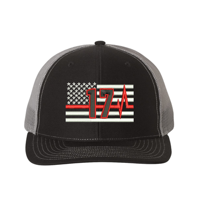 Thin Red Line Pulse Richardson Cap Personalized with your fire station number.  Embroidered flag with your dept. number in the center of the flag.  Hat color is black/charcoal.