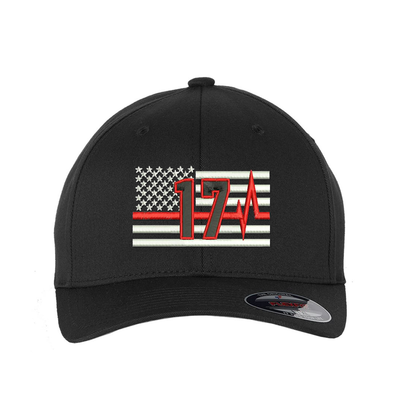 Thin Red Line with Pulse, Flexfit  hat, Personalized with your fire station number.  Embroidered flag with your dept. number in the center of the flag.  Hat color is black.
