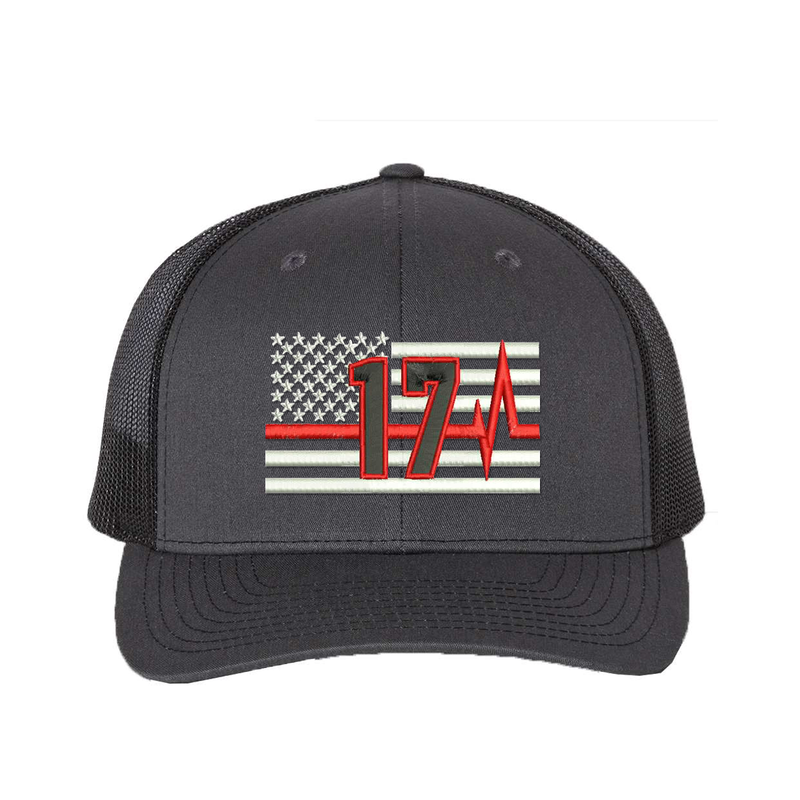 Thin Red Line Pulse Richardson Cap Personalized with your fire station number.  Embroidered flag with your dept. number in the center of the flag.  Hat color is charcoal/black.