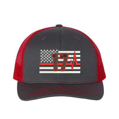 Thin Red Line Pulse Richardson Cap Personalized with your fire station number.  Embroidered flag with your dept. number in the center of the flag.  Hat color is charcoal/red.
