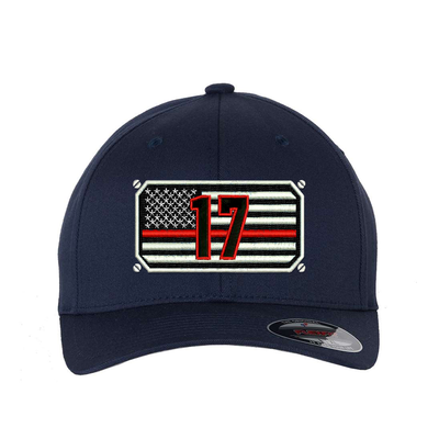 Thin Red Line Flexfit hat Personalized with your fire station number.  Embroidered flag with your dept. number in the center of the flag. Hat color is navy.