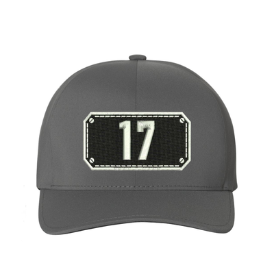 Black Shield design on a Delta Flexfit hat with your fire station number embroidered in the shield.  Hat color grey.