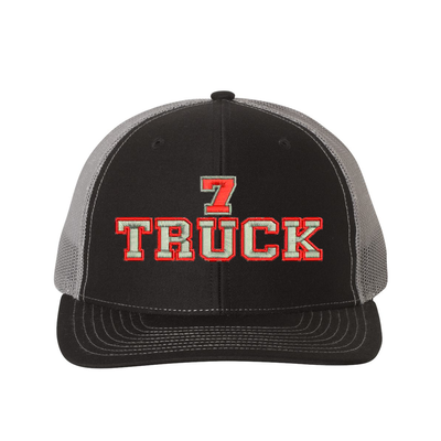 Richardson Structured six panel Trucker Cap customized with your truck number and the word Truck. Hat color black/charcoal.