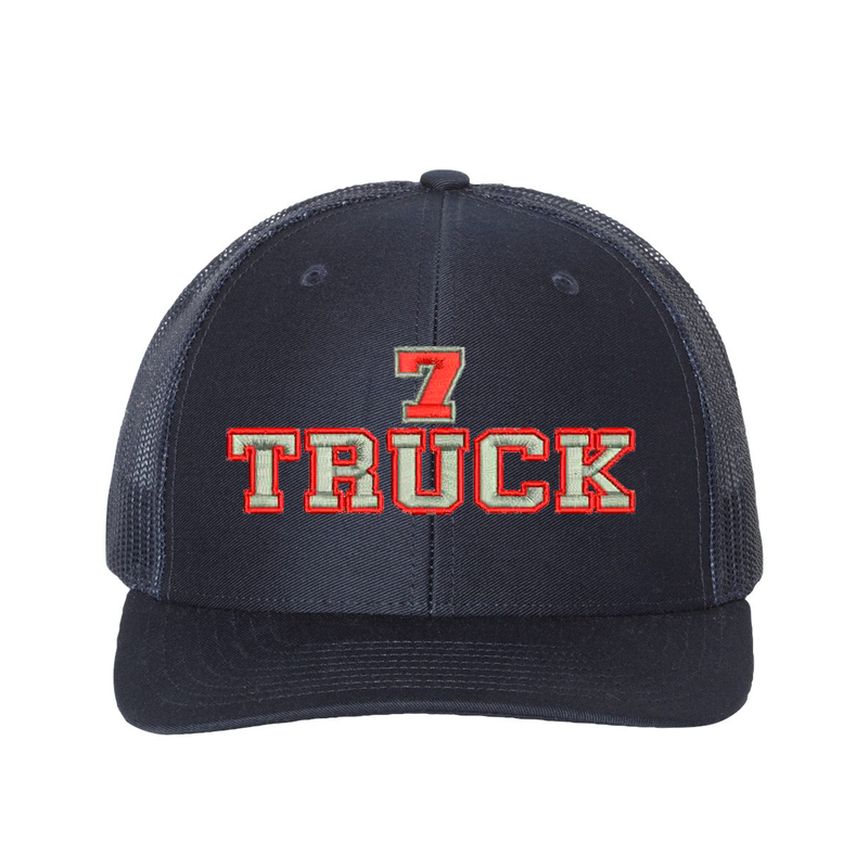 Richardson Structured six panel Trucker Cap customized with your truck number and the word Truck. Hat color navy/navy.