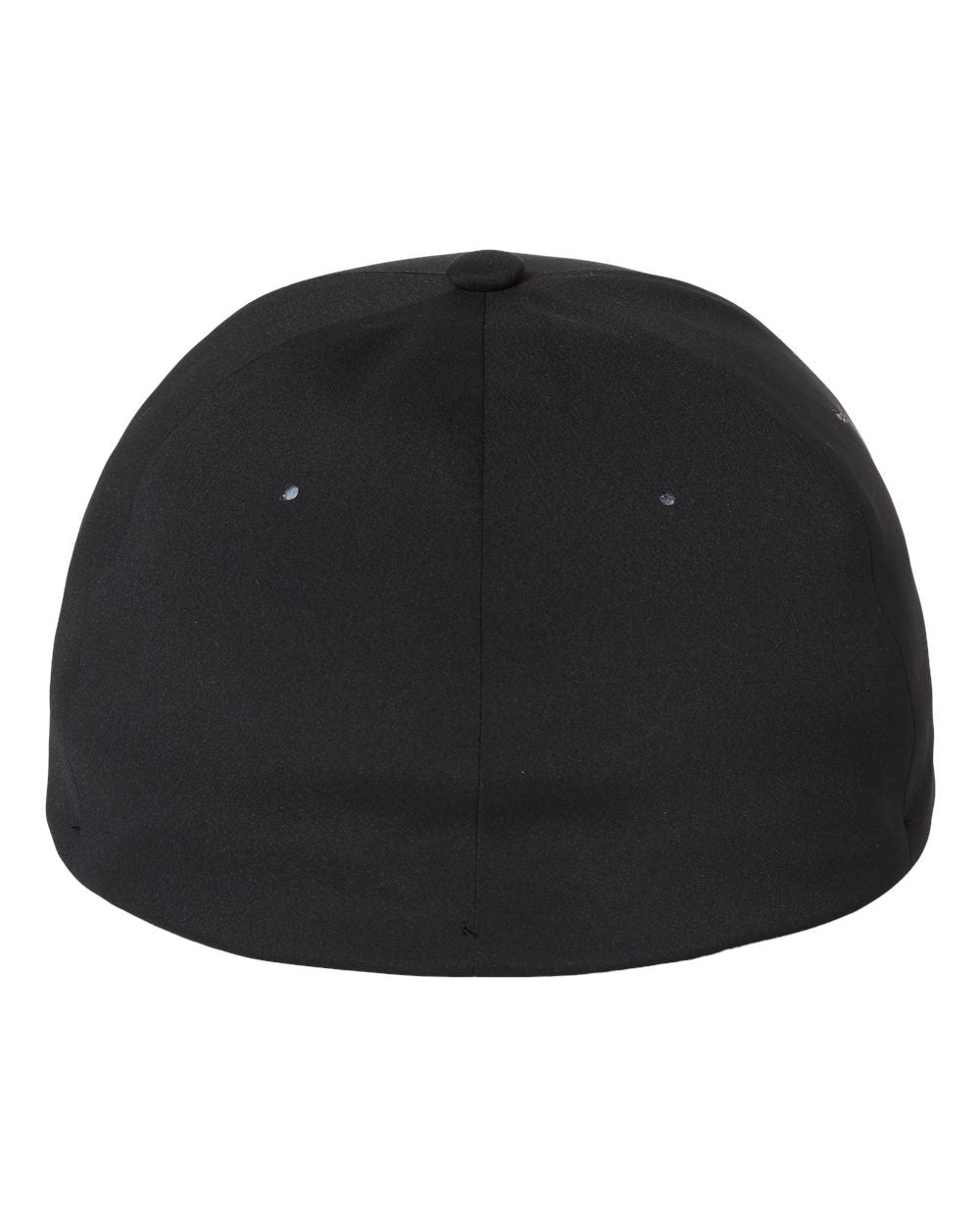 •	Delta Flexfit hat, back view, has no logo and Laser-cut eyelets around the 6 panel hat.